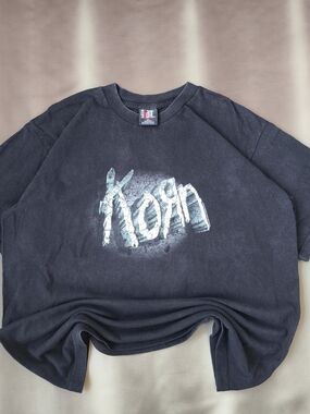 Korn 2000 y2k Fade Distressed Vintage Spellout Black Sleeve Print Giant Tag XL